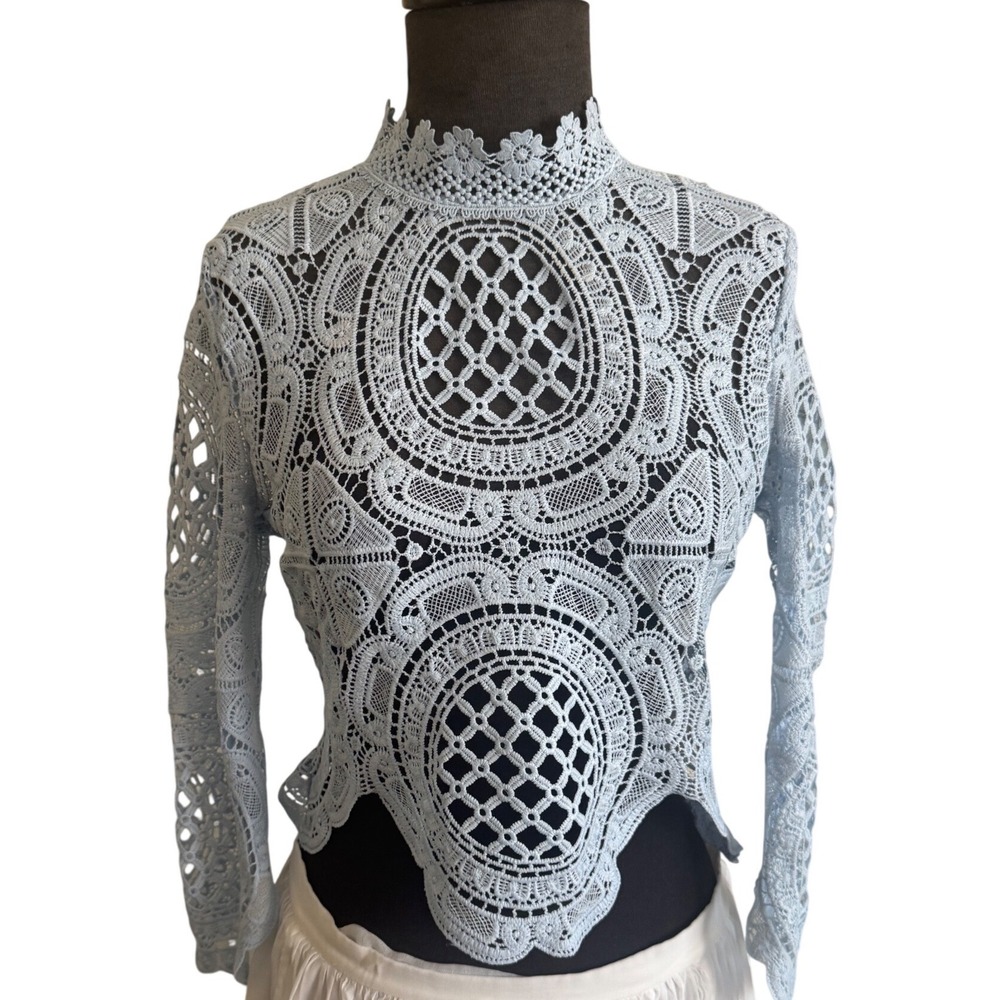 Banjul Light Blue Guipure‎ Lace High Neck Long Sleeve Scalloped Crop Top